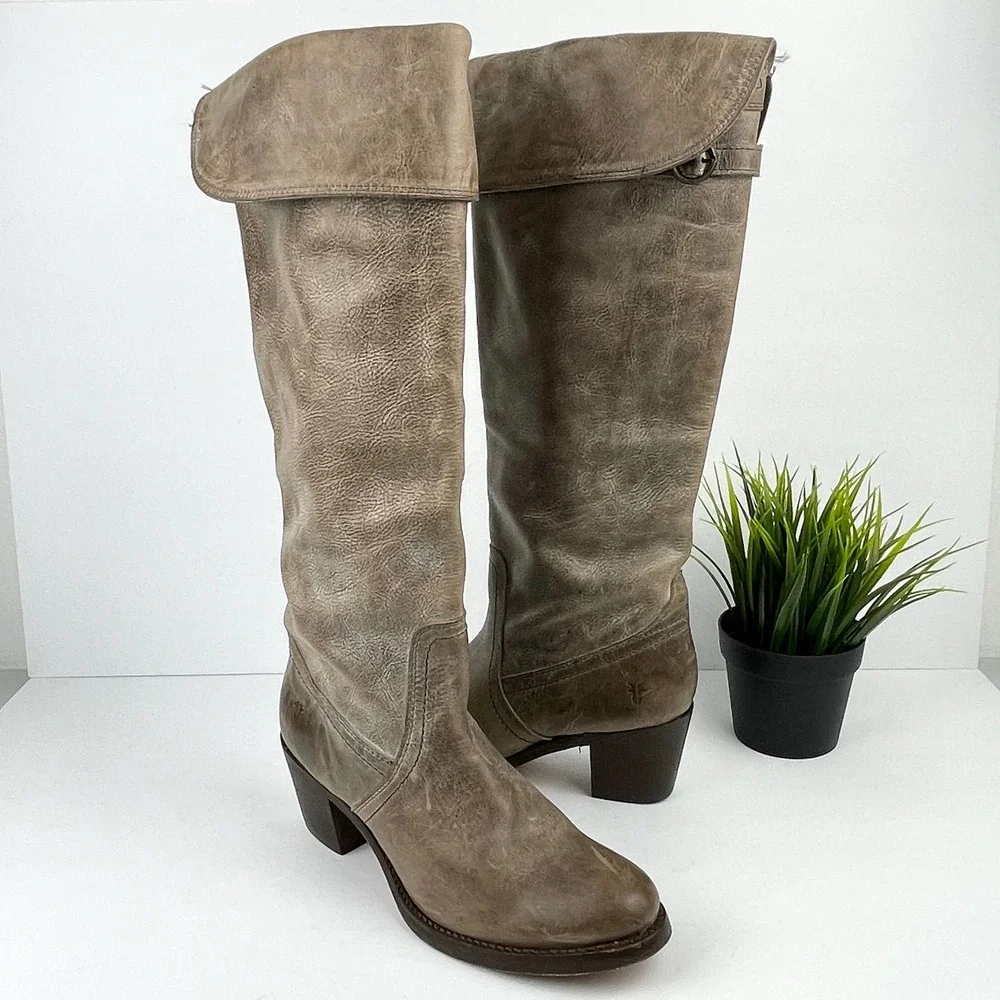 FRYE Jane Tall Cuffed Leather Boot 7.5 Taupe Brown Gray - Picture 14 of 14